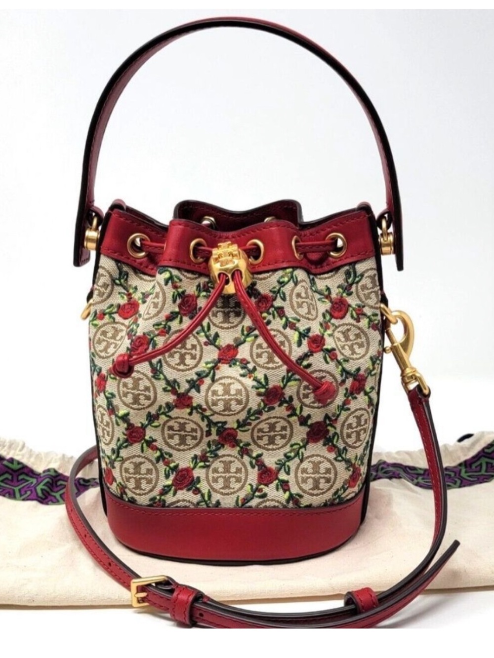 Tory Burch monogram red mini bucket bag
